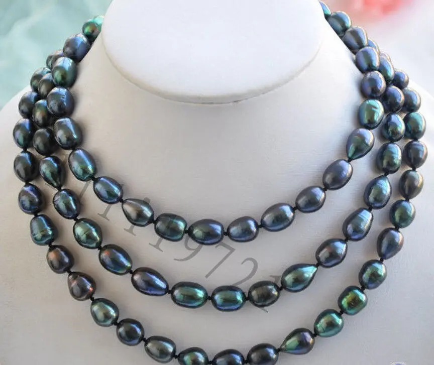 

FREE SHIPPING>>>@@ > 10-11mm peacock black rice freshwater cultured pearl necklace 50" ^^^@^Noble style Natural Fine jewe &