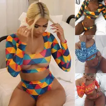 夏セクシーなレディースロングスリー段落ビキニセット包帯水着水着水着(China)