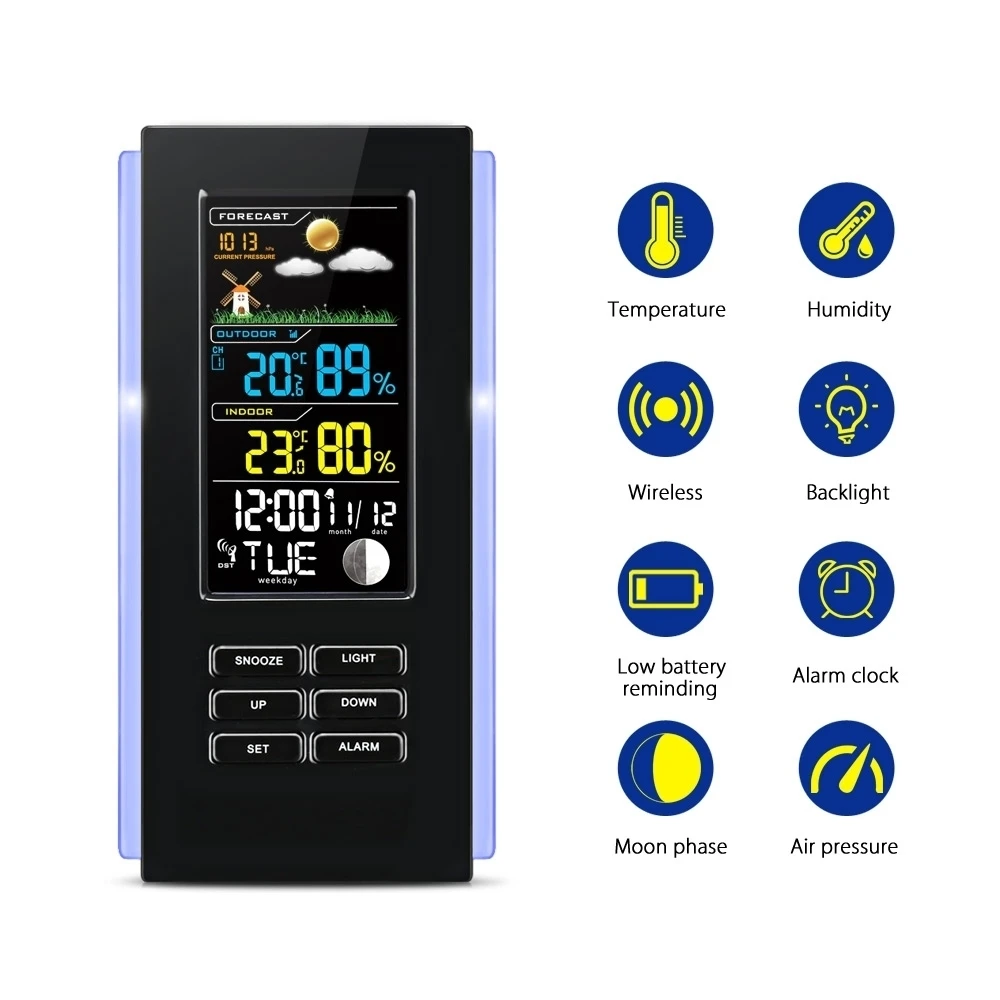 Wireless Color Weather Station EU/US Plug Weather Forecaster In/Outdoor Temperature Humidity Alarm Snooze Function
Wireless Color Weather Station EU/US Plug Weather Forecaster In/Outdoor Temperature Humidity Alarm Snooze Function