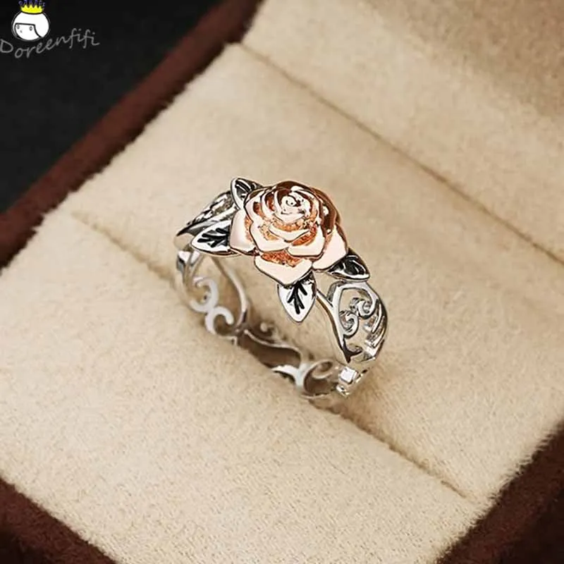 Женское двухцветное кольцо из серебра 925 пробы с цветком розы | Украшения и