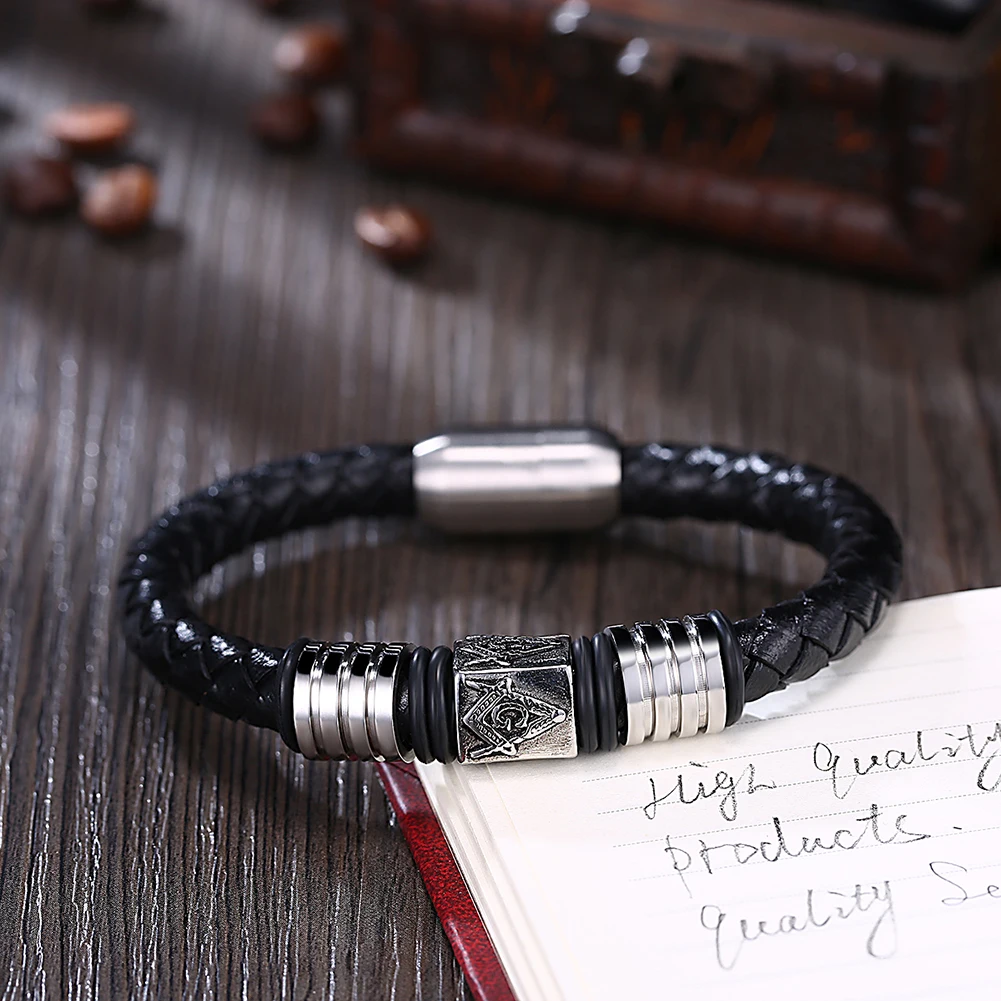 Genuine Leather Charm Bracelet Punk Style Masonic Stainless Steel Braid Chain Wristband Magnet Buckle Bangle Jewelry Men Gift
Genuine Leather Charm Bracelet Punk Style Masonic Stainless Steel Braid Chain Wristband Magnet Buckle Bangle Jewelry Men Gift