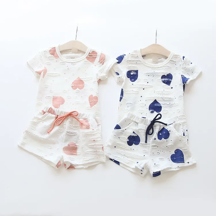 Baby Girls Clothes Sets 2019 Summer Heart Printed Girl Short Sleeve Tops Shirts + Shorts Casual Kids Children's Clothing Suit 13