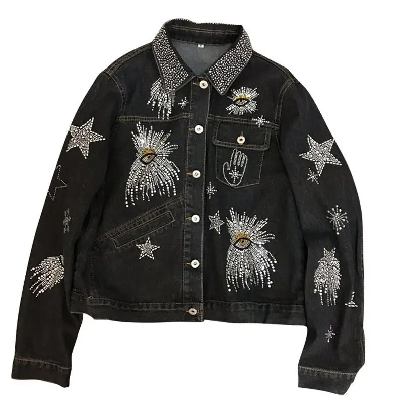 2019 spring new lapel long sleeve high temperature hot drilling fireworks eye figure denim jacket
2019 spring new lapel long sleeve high temperature hot drilling fireworks eye figure denim jacket