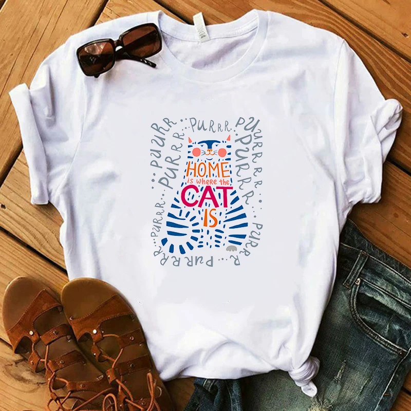 Женская одежда лето 2020 топ с графическим животным белая футболка Домашняя кошкой