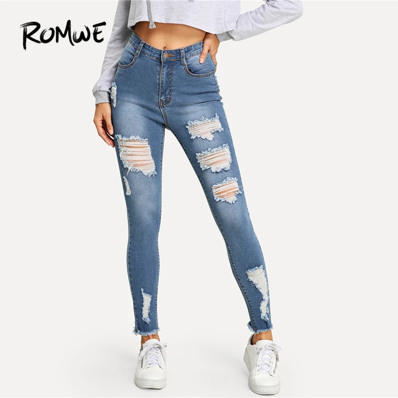 

ROMWE Ripped Frayed Edge Faded Wash Jeans 2019 Blue Skinny Zipper Fly Mid Waist Pants Stylish Spring Autumn Women Trousers