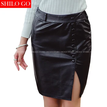 

SHILO GO Fashion Street Women Empire Single Breasted Slip Fromal office Sheepskin Genuine Leather Ladies Concise Pencil Skirt