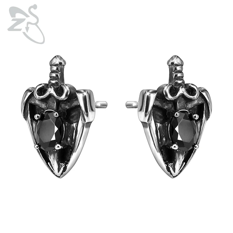 

ZS Black Zirconia Sword Shape Stainless Steel Earrings Hip Hop Ear Stud Jewelry Punk Earring for Men Women Fashion Biker Earring