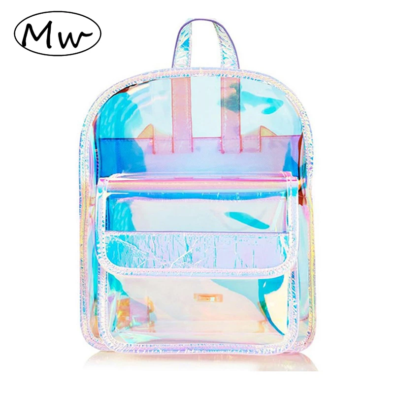 Women Mini Backpack Shiny Holographic Transparent Shoulder Bag Clear Bookbag School Bag Travel Bag Fashion Backpack Blue