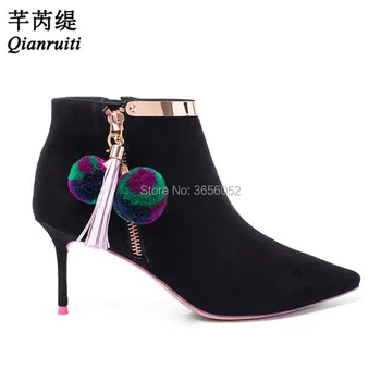 Qianruiti Faux Suede Stiletto Ankle Booties Colored Pom Pom Shoes Metal Decoration Pointed Toe Botas Women High Heel Black Boots
Qianruiti Faux Suede Stiletto Ankle Booties Colored Pom Pom Shoes Metal Decoration Pointed Toe Botas Women High Heel Black Boots