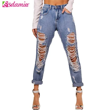 Streetwear Big Hole Loose Boyfriend Jeans Women Beaded Denim Trousers Vintage High Waist Jeans Ripped Boyfriend Jeans For Women 
Streetwear Big Hole Loose Boyfriend Jeans Women Beaded Denim Trousers Vintage High Waist Jeans Ripped Boyfriend Jeans For Women