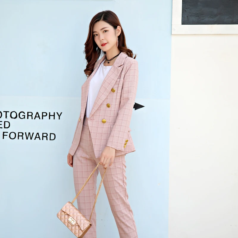 Fashion Women's Sets Color Block Plaid Blazers Jackets + Slim Ultra Long Pants Pink Feminine Suits | Женская одежда