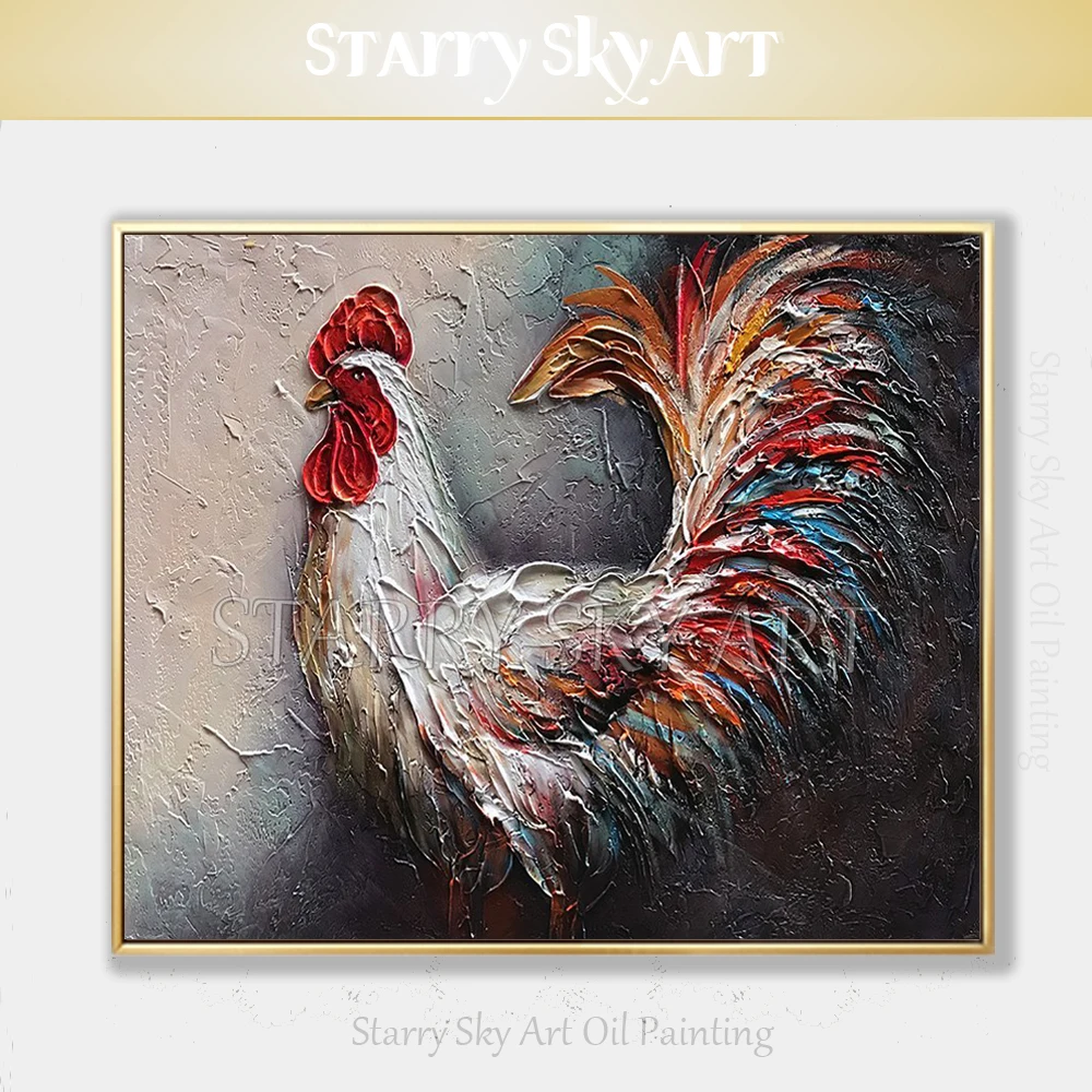 

Professional Artist Hand-painted High Quality Animal Rooster Oil Painting on Canvas Thick Paints Cock Oil Painting for Wall Art