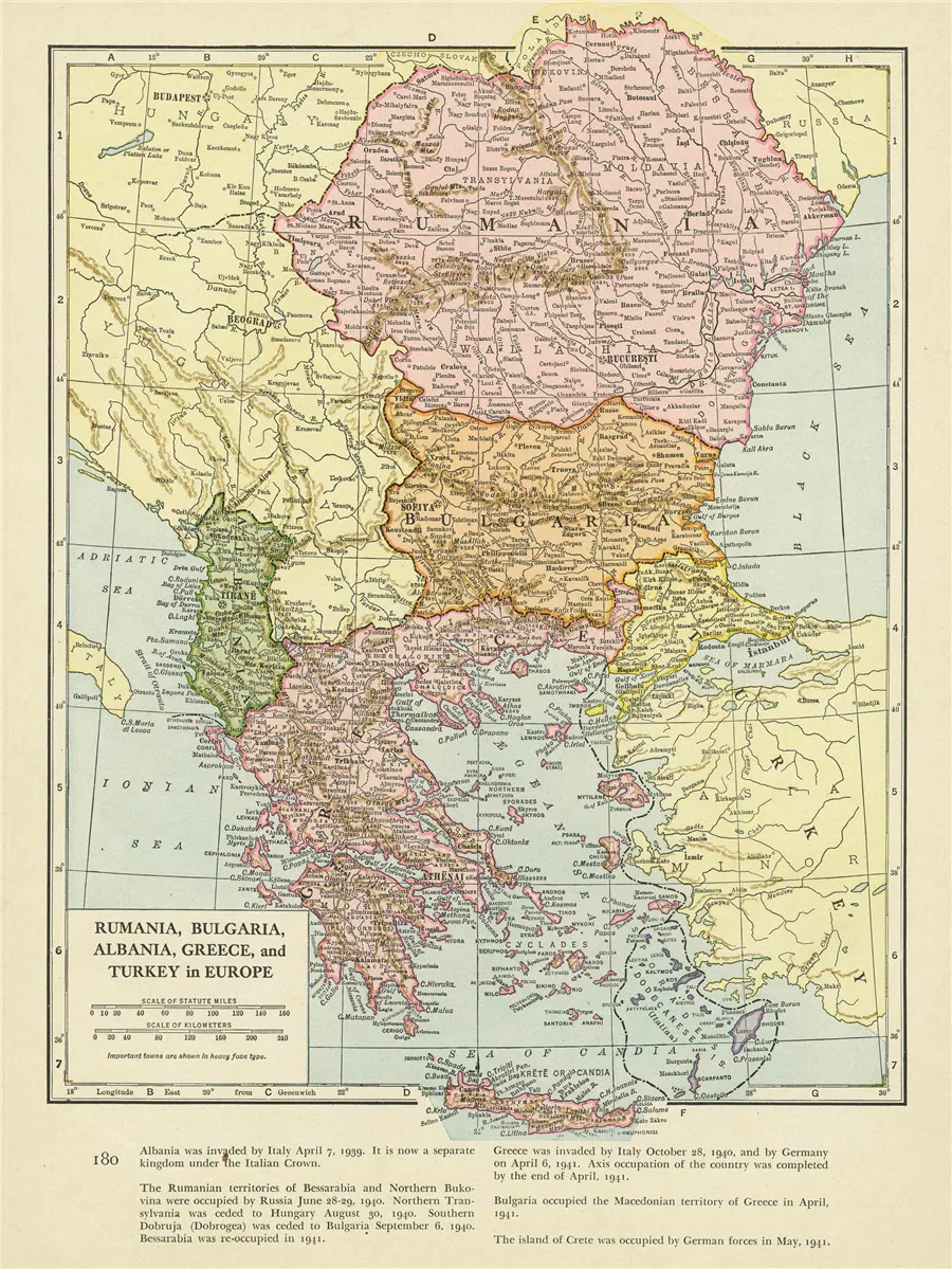 Vintage map of Romania Bulgaria Albania Greece Turke