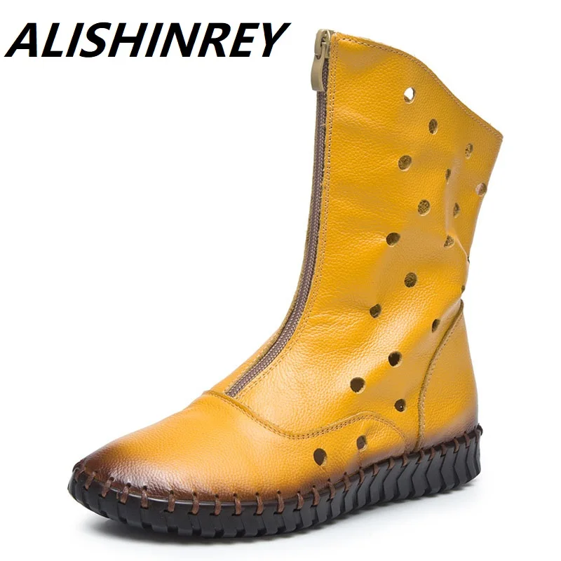 ALISHINREY Handmade Genuine Leather Summer Boots Women Mid Calf Boots Front Zipper Breathable Flat Cool Boots Big Size 41 42 43
ALISHINREY Handmade Genuine Leather Summer Boots Women Mid Calf Boots Front Zipper Breathable Flat Cool Boots Big Size 41 42 43