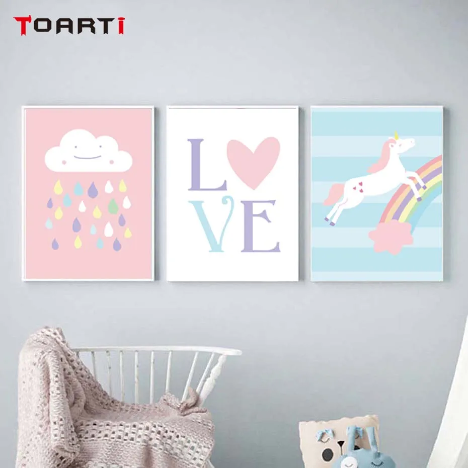 Love Pastel Color Wall Art Prints Decor Unicorn Rainbow Cartoon Poster Canvas Painting For Girl Nursery Bedroom Modular Picture (4)