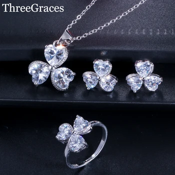 Threegraces AAA Clear Cubic Zircon Silver Color Jewelry Set Elegant Flower Shape Ring Necklace and Earring Sets for Women JS034
Threegraces AAA Clear Cubic Zircon Silver Color Jewelry Set Elegant Flower Shape Ring Necklace and Earring Sets for Women JS034