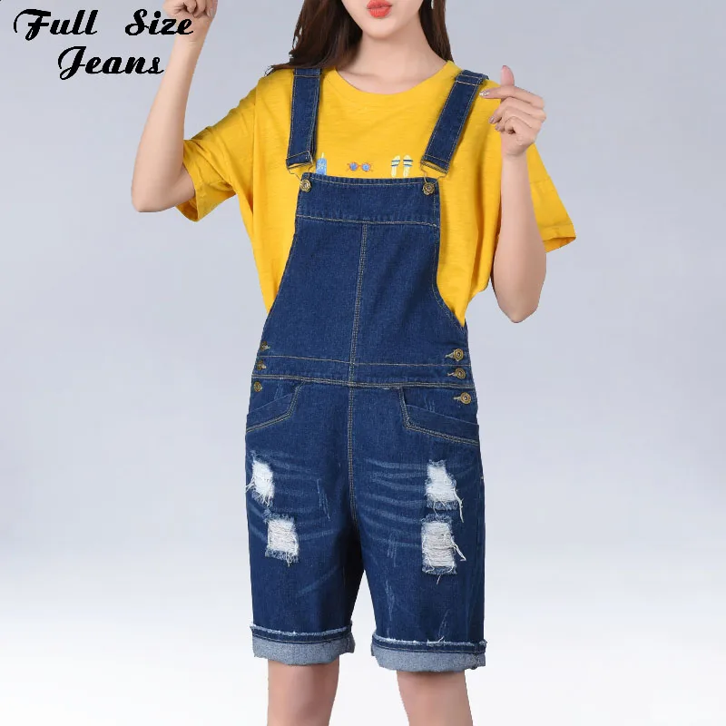 

2018 New Summer Dark Blue Cuffs Short Playsuits Plus Size Denim Scratched Jumpsuit Ripped Shorts Jeans Frayed Overalls 4XL 7XL