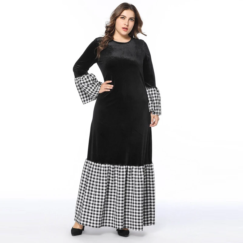 

Plus Size Casual Maxi Dress Velvet Patchwork plaid dresses Middle East Abaya Muslim Robe Moroccan Burka Kimono Kaftan vestidos