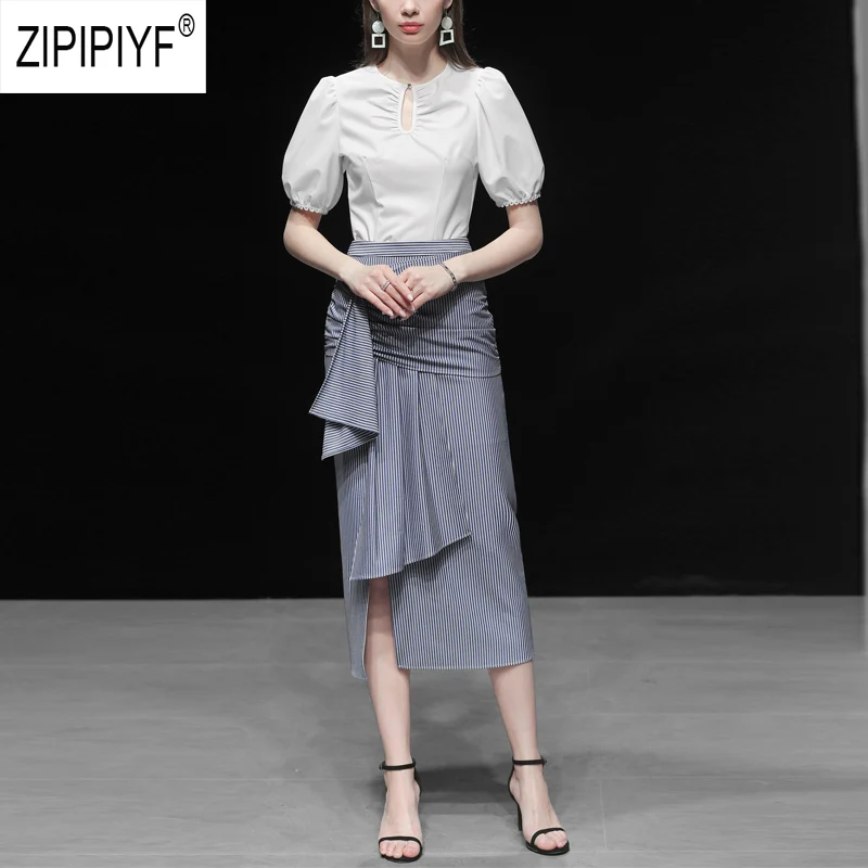 2019 Summer Office Lady Women Suits Hollow Out Short Lantern Sleeve White Casual T-Shirt Top Striped Bow Design Skirts Z1146
2019 Summer Office Lady Women Suits Hollow Out Short Lantern Sleeve White Casual T-Shirt Top Striped Bow Design Skirts Z1146
