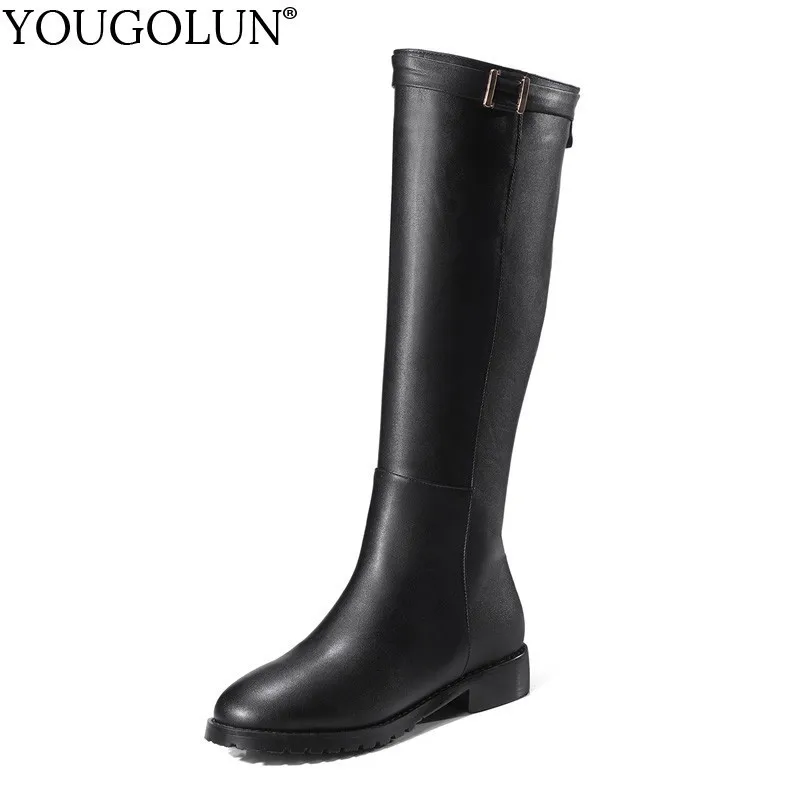 YOUGOLUN Women Knee High Boots Autumn Winter Ladies Round toe Comfortable Back Zipper Shoes Woman Black Burgundy Low Heels #B207