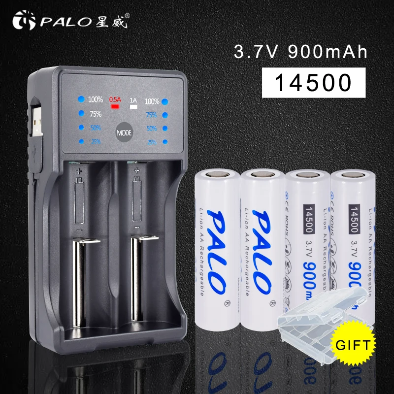 Palo 3.7V 14500 Li-ion lithium Rechargeable Battery 2a batteria 900mAh with Smart Charger for aa aaa 18650 14500 16350 etc.
Palo 3.7V 14500 Li-ion lithium Rechargeable Battery 2a batteria 900mAh with Smart Charger for aa aaa 18650 14500 16350 etc.
