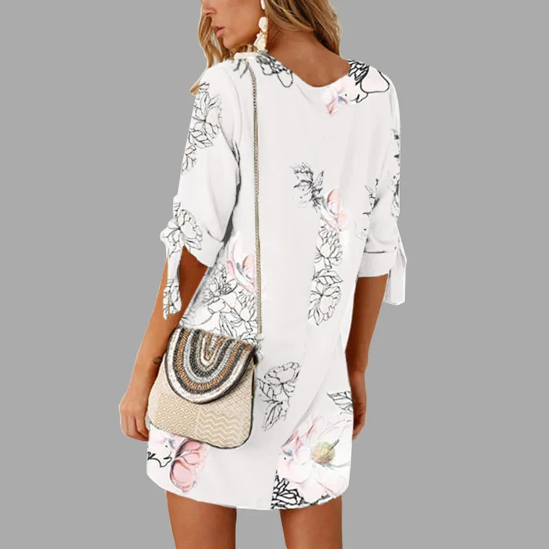 white Flower Print Half Sleeve O-Neck Dress