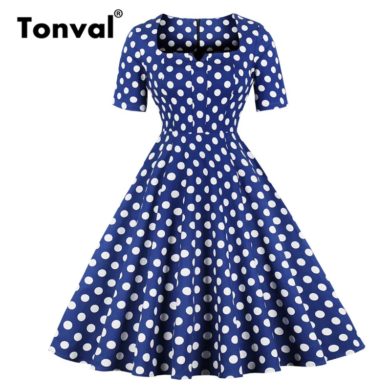 Tonval Square Collar Elegant Polka Dot Blue Summer Dress Women High Waist Retro Cotton Dresses Rockabilly Vintage Dress
Tonval Square Collar Elegant Polka Dot Blue Summer Dress Women High Waist Retro Cotton Dresses Rockabilly Vintage Dress