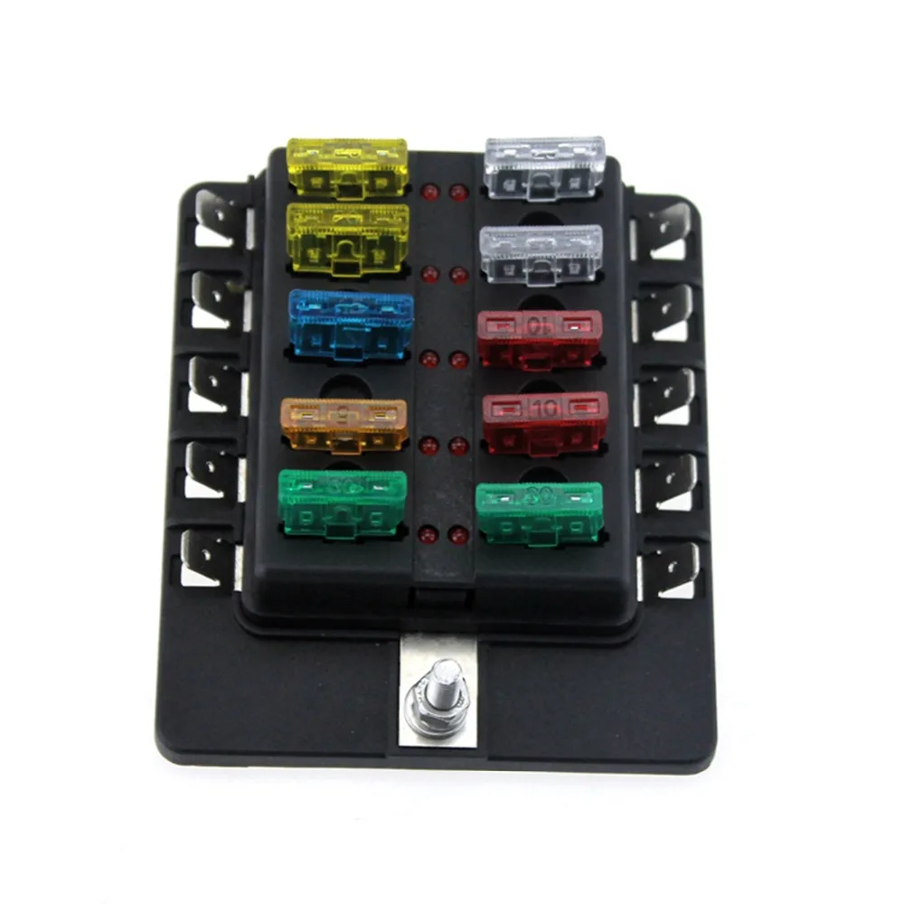 

10-Way Blade Fuse Box with LED Indicator Fuse Block for Automotive with fuse and spade terminals and wiring kits for Car Boat