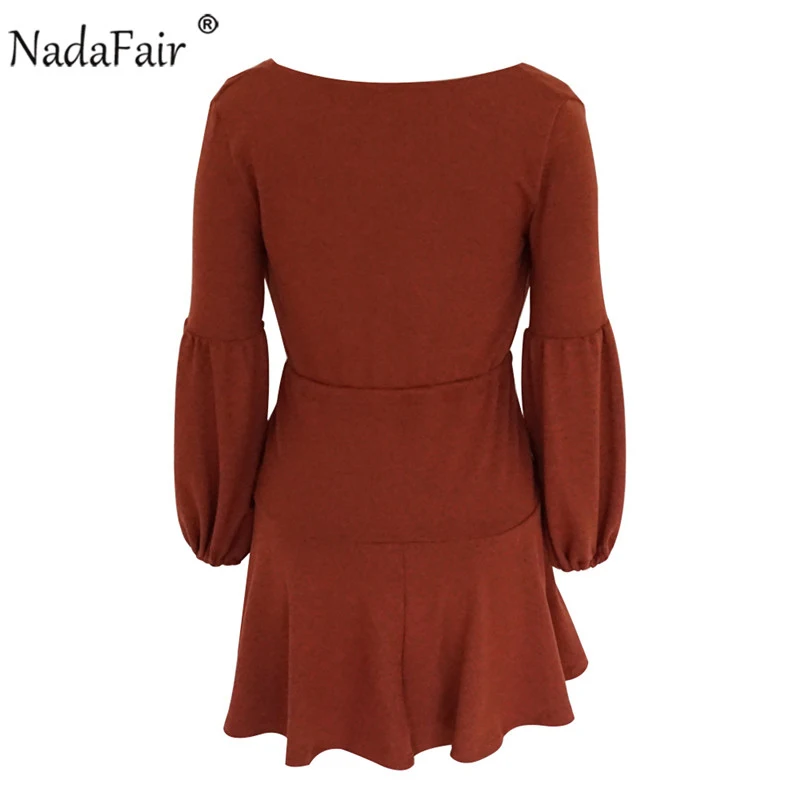 Nadafair long puff sleeve knitted autumn winter dresses women deep v neck casual elastic waist lace up sweater sexy mini dress 32