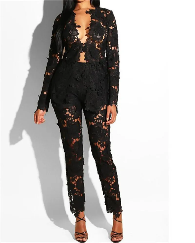 Fashionable Sexy Women's Two-piece Set: European and American Spring and Summer Lace Deep V-neck Long Sleeve Coat + Trousers
Fashionable Sexy Women's Two-piece Set: European and American Spring and Summer Lace Deep V-neck Long Sleeve Coat + Trousers