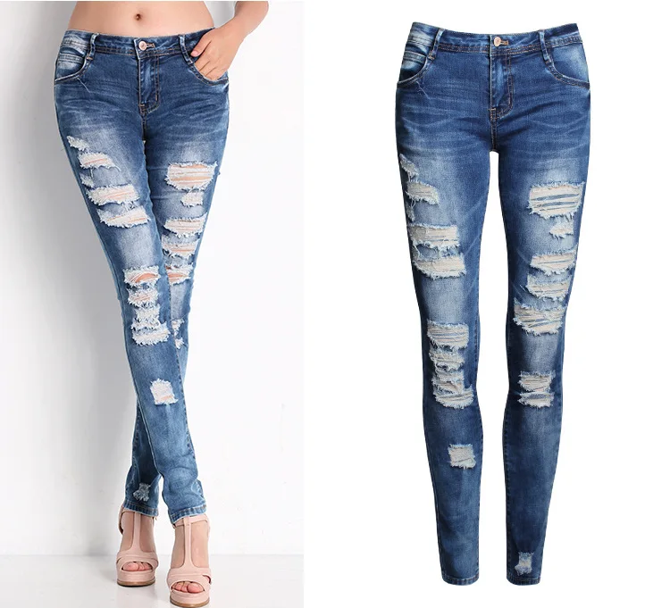 New 2016 Hot Fashion Ladies Cotton Denim Pants Blue Low Rise Skinny Distressed Washed Stretch Denim Jeans For Women Ripped Pants 12