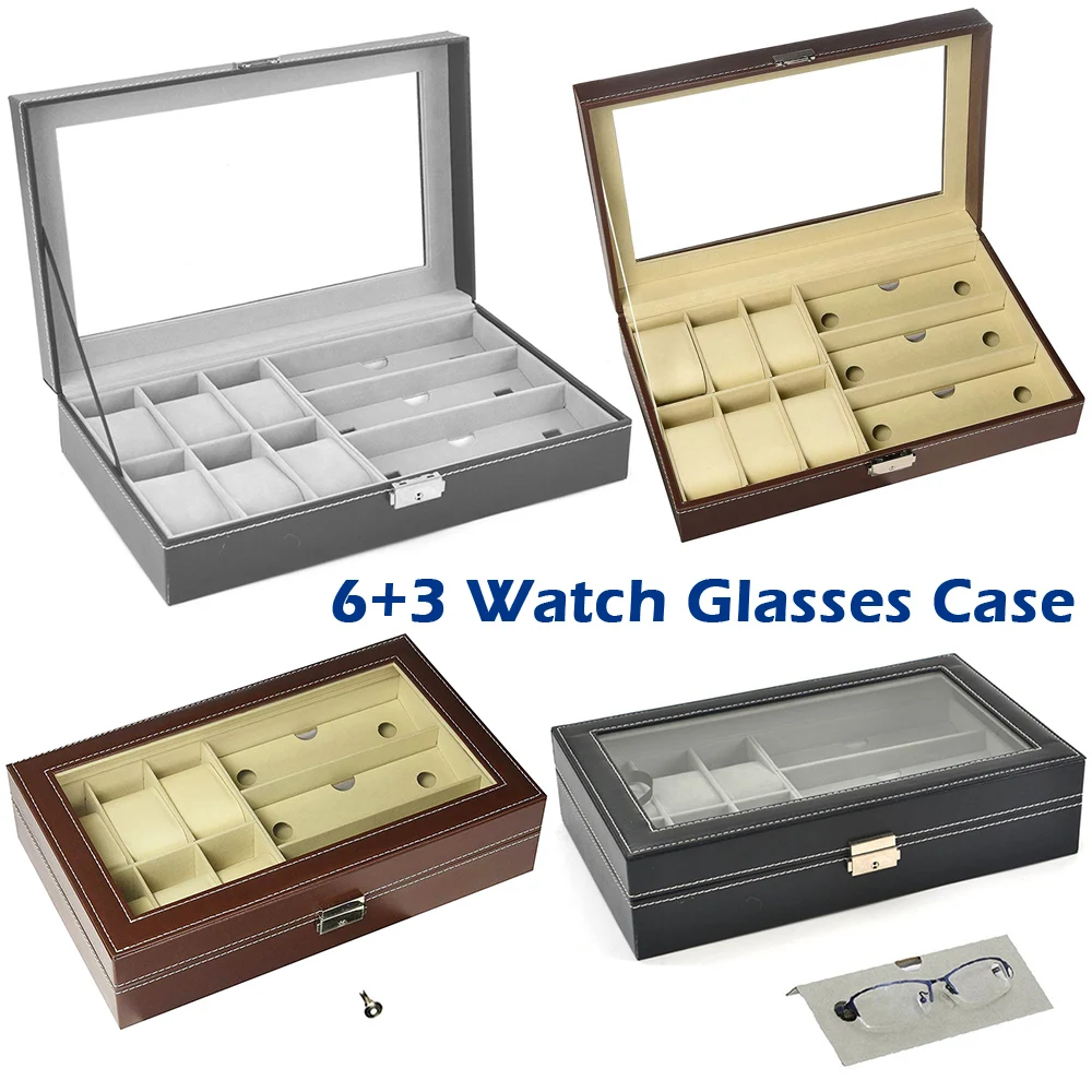 storage box imitation leather practical watch cases glass 6 slot