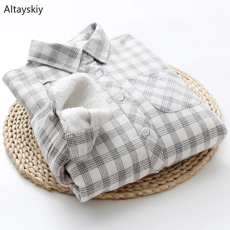 Blouses Women Thicker Plus Velvet Warm Soft Plaid Pockets Leisure Daily Loose Simple All-match Shirt Womens Korean Style Blouses
Blouses Women Thicker Plus Velvet Warm Soft Plaid Pockets Leisure Daily Loose Simple All-match Shirt Womens Korean Style Blouses