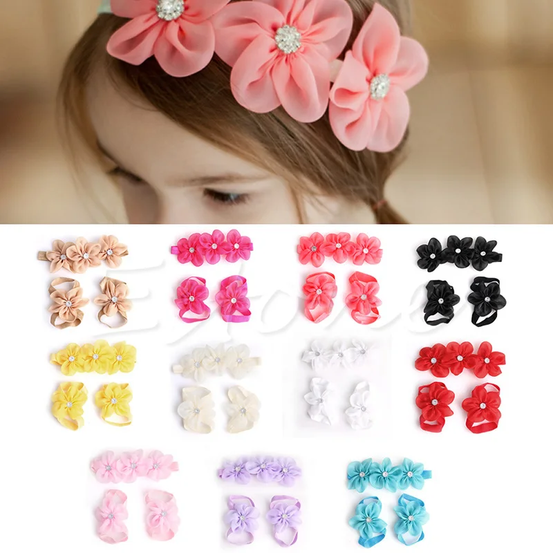 Newborn Baby Girl Kids Infant Headband Crystal Foot Flower Hair Band Accessor ES