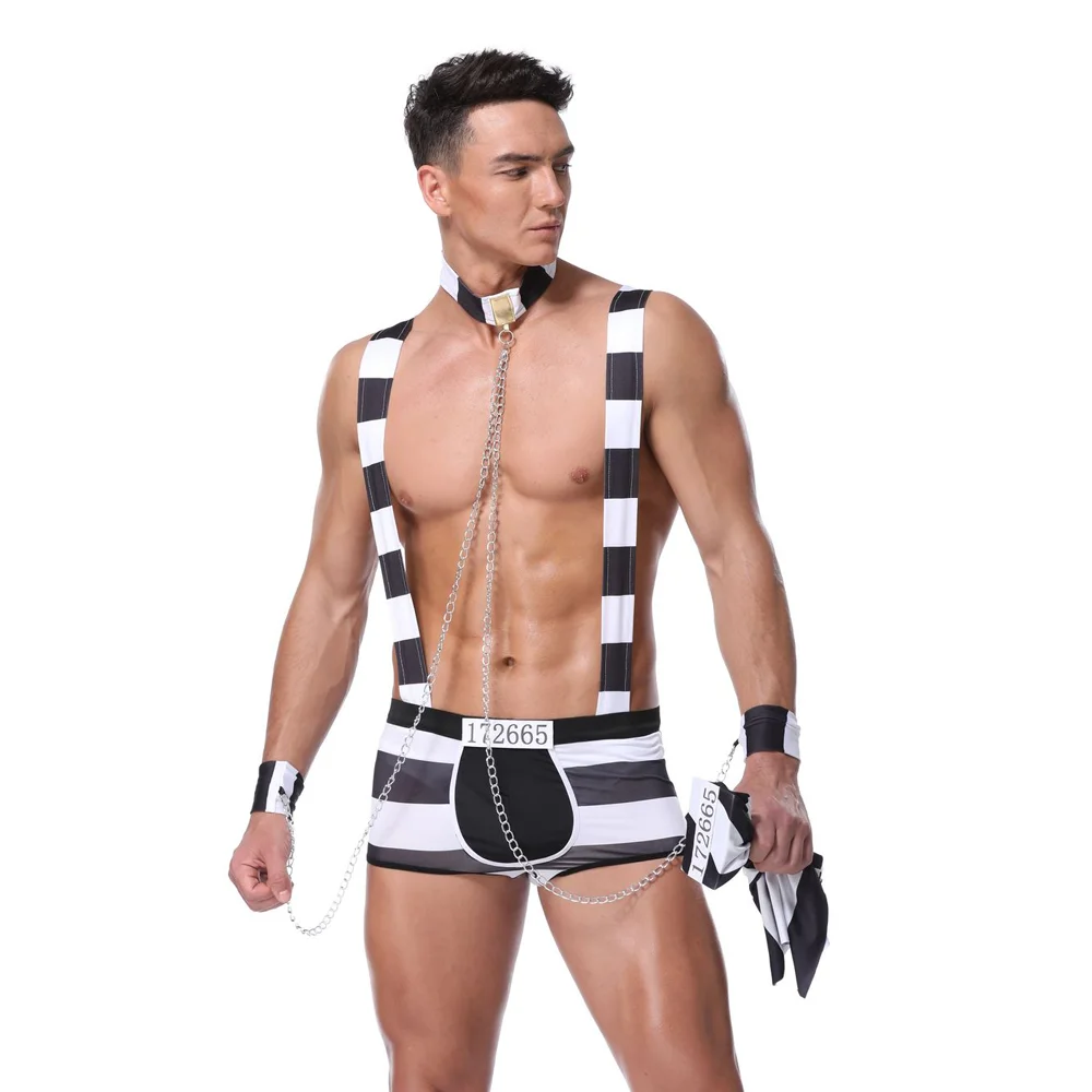 

Sexy New Arrival Convict Criminal Zombie Black White Stripe Prisoner Costume Halloween Costume For Men Party Cosplay