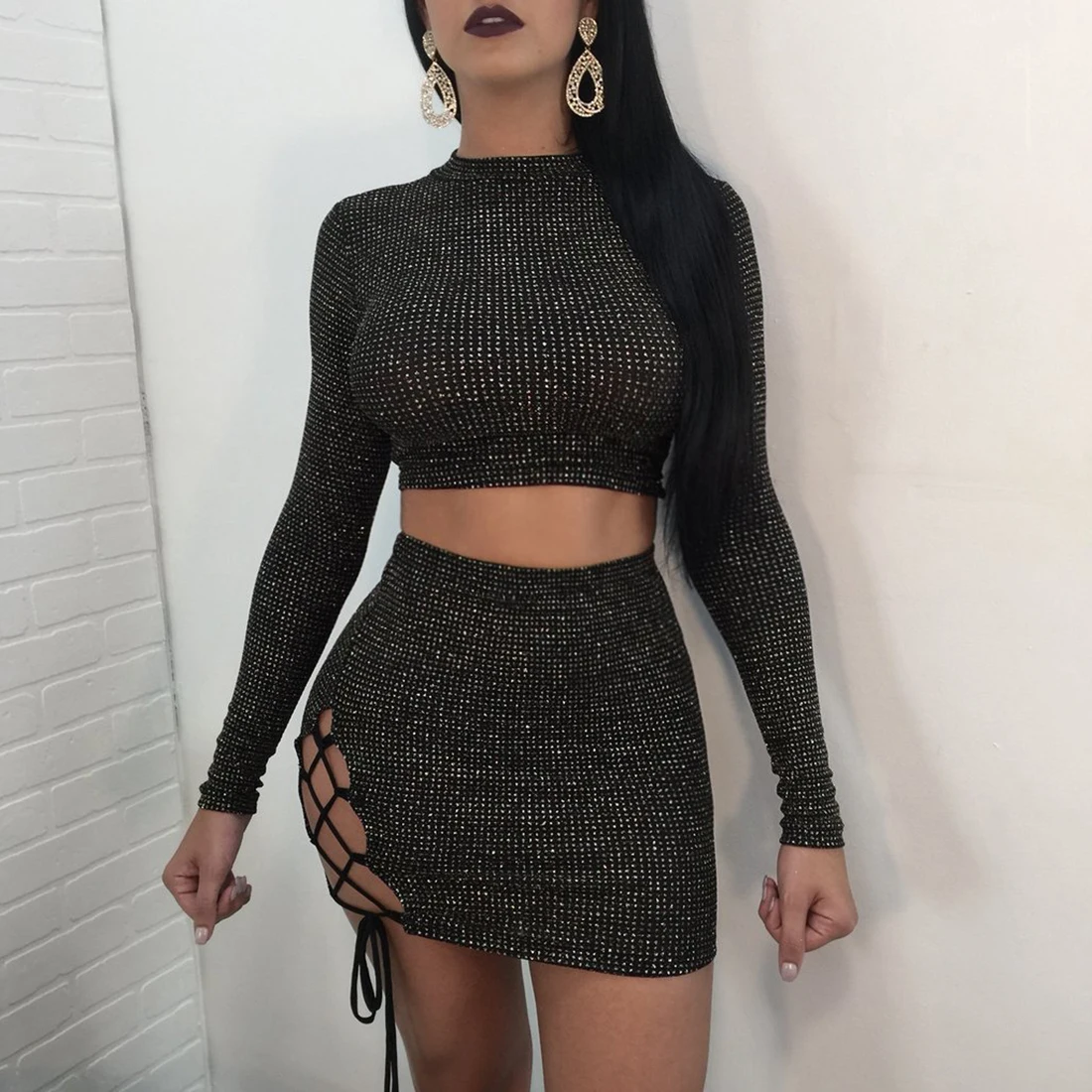 Black Hollow Out Sexy Women Two Piece Set Dress Bodycon Two Way Wear Bandage Short Dresses Long Sleeve Crop Tops And Mini Skirts
Black Hollow Out Sexy Women Two Piece Set Dress Bodycon Two Way Wear Bandage Short Dresses Long Sleeve Crop Tops And Mini Skirts