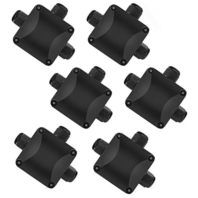 Junction Box Cable Connector, 6PCS Larger 3-way Outdoor Light Connector IP68 Waterproof- Black Electrical External Coupler Cab