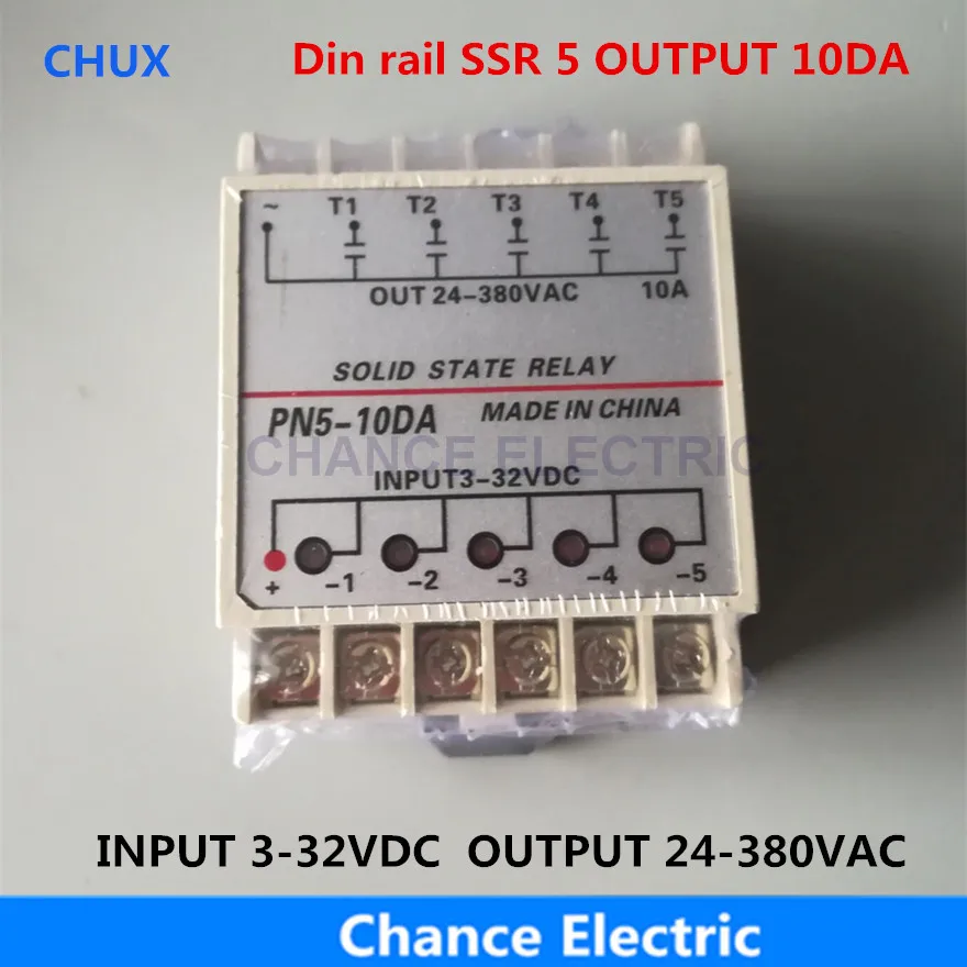 PN5-10DA Din Rail SSR 5 Channel Quintuplicate Five Input Output 24VDC Single Phase DC to AC 10A Solid State Relay
PN5-10DA Din Rail SSR 5 Channel Quintuplicate Five Input Output 24VDC Single Phase DC to AC 10A Solid State Relay