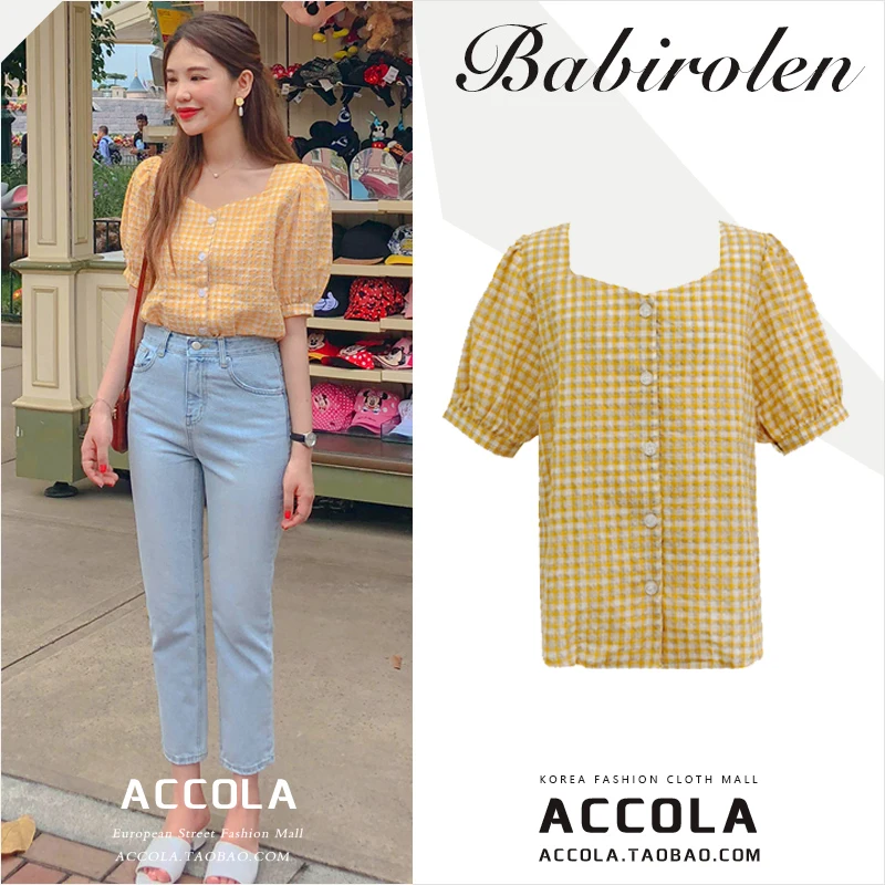 Summer Cute Girl Blouse Plaid Yellow Square Neck Puff Sleeve Shirt Women Top Chemise Femme Chemisier Blusa Mujer Camisa
Summer Cute Girl Blouse Plaid Yellow Square Neck Puff Sleeve Shirt Women Top Chemise Femme Chemisier Blusa Mujer Camisa