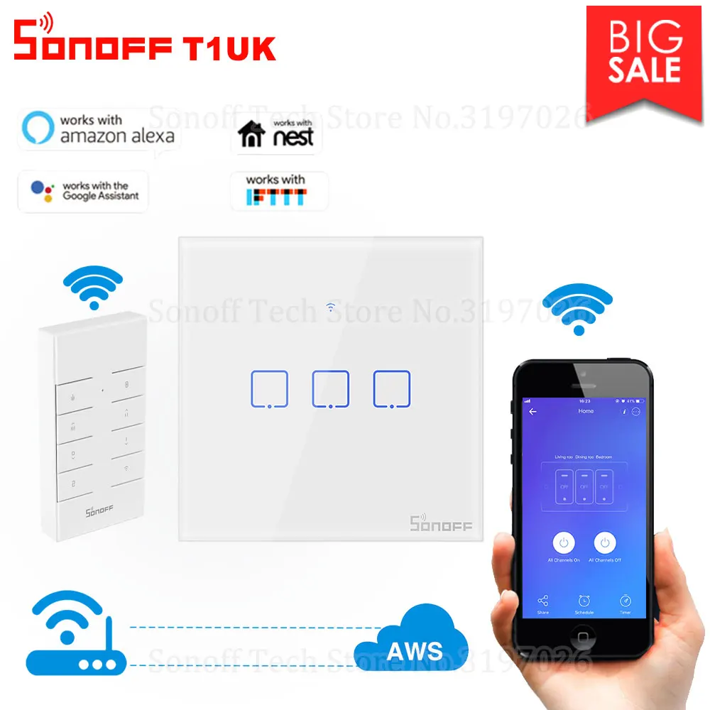 

Itead Sonoff T1UK 1/2/3 gang 433Mhz RF Controlled Wifi Touch Switch With RM433 Supports LAN Works With Alexa Google Home IFTTT