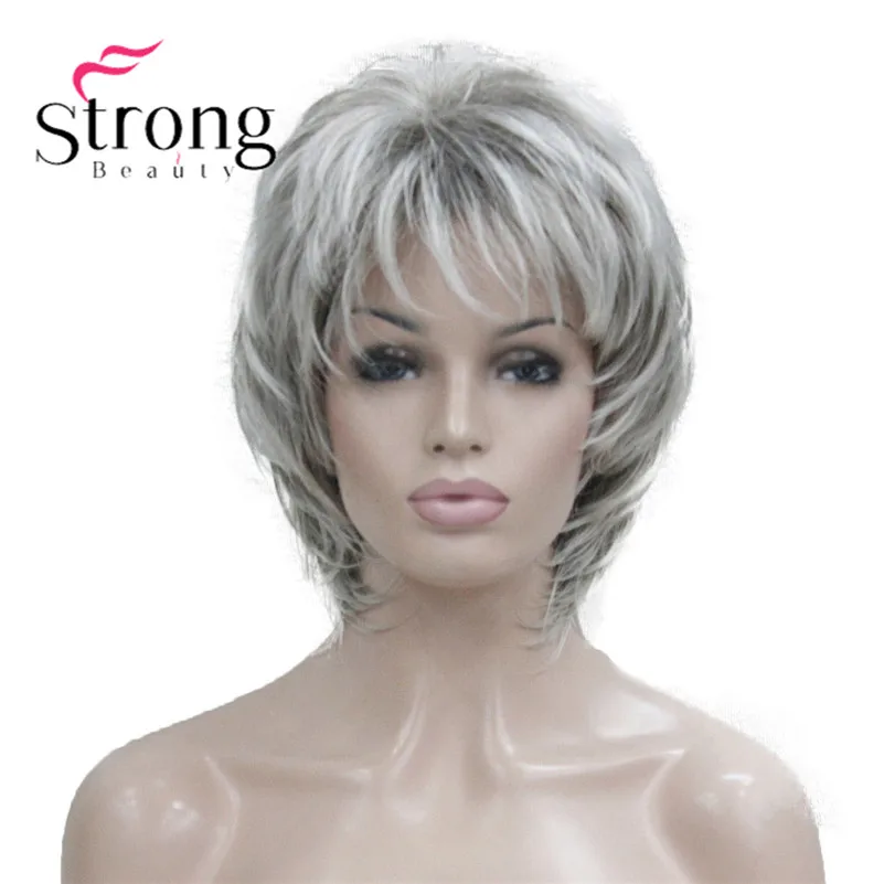

StrongBeauty Short Soft Shaggy Layered Silver Mix Classic Cap Full Synthetic Wig Women's Wigs Blonde COLOUR CHOICES