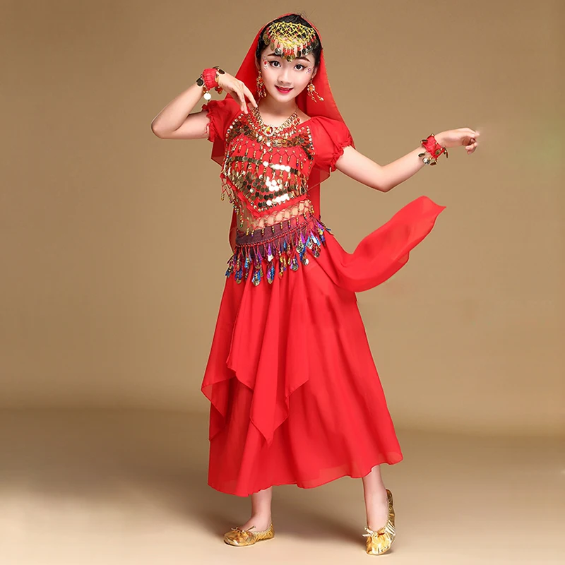 Sari Dancewear Kids Indian Outfits Bollywood Clothing Children Belly Dance Costume Sets 5pcs (Top Belt Skirt Veils Bracelets)
Sari Dancewear Kids Indian Outfits Bollywood Clothing Children Belly Dance Costume Sets 5pcs (Top Belt Skirt Veils Bracelets)