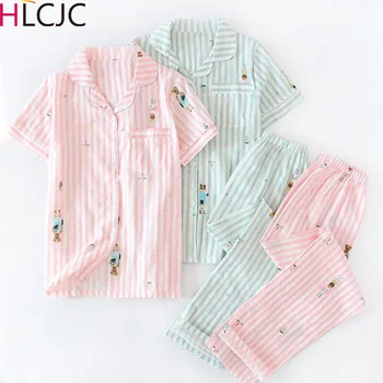 High Quality Stripe Bear Women Pajamas Sets 100% Gauze Cotton Casual Short Sleeve 2 Piece Pyjamas Mujer Women Homewear Sleepwear
High Quality Stripe Bear Women Pajamas Sets 100% Gauze Cotton Casual Short Sleeve 2 Piece Pyjamas Mujer Women Homewear Sleepwear