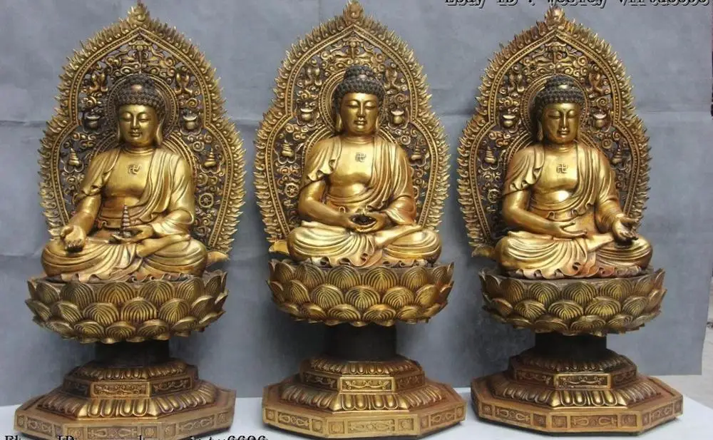 Chinese Buddhism Bronze Copper Gild three Sakyamuni Amitabha Buddha Statue Set
Chinese Buddhism Bronze Copper Gild three Sakyamuni Amitabha Buddha Statue Set