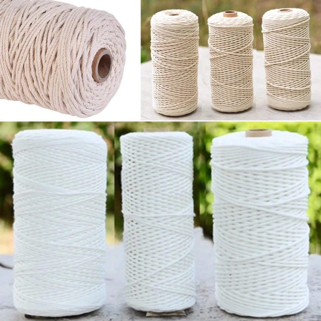 1pc 1/2/3mm Diameter Twisted Cord 100% Natural Cotton 200/400M Length For Handmade DIY Craft Macrame Artisan String