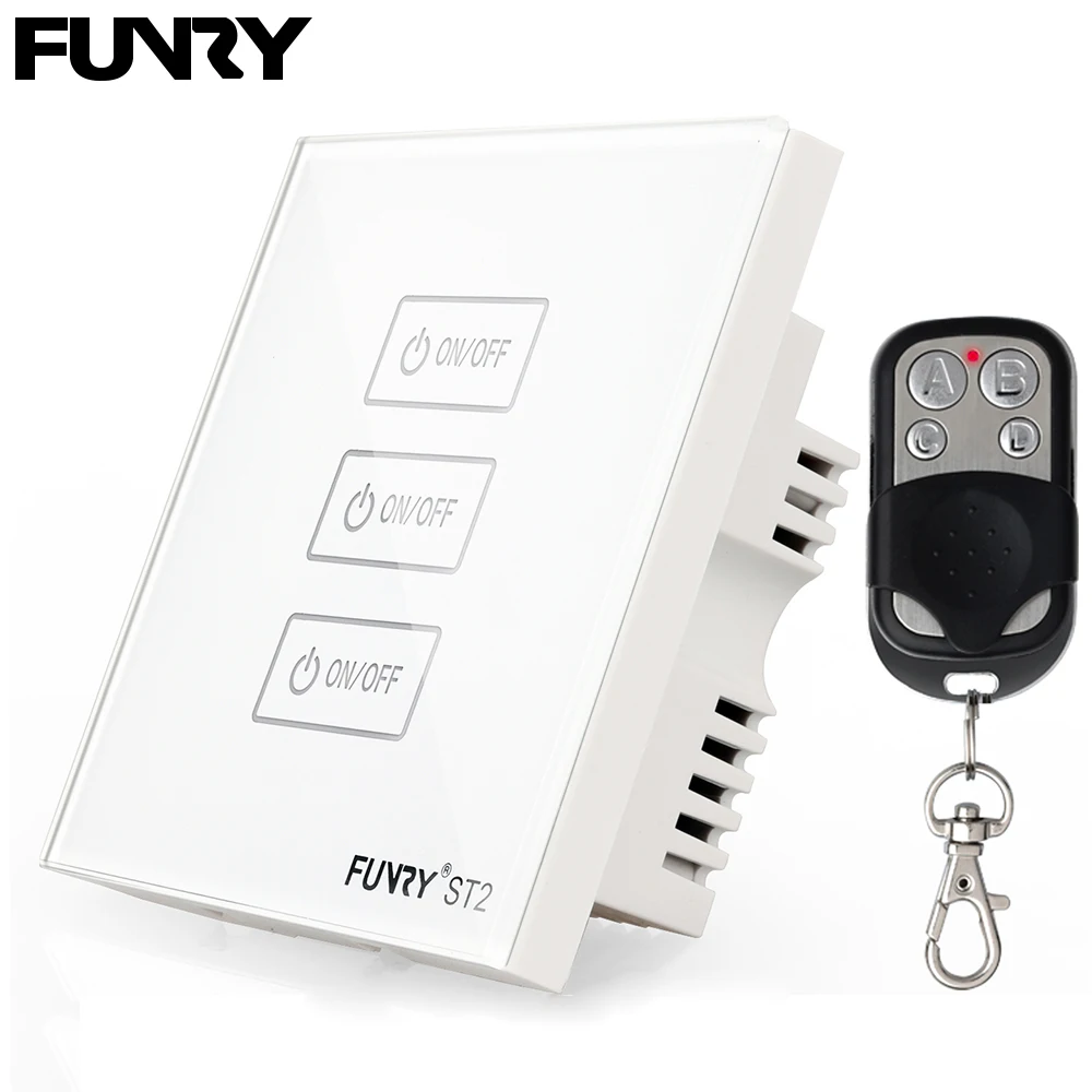 Funry ST2 3Gang UK Standard Remote Control Switch Lamp Touch Smart Switch Glass Panel Chip EV1527 170-240V RF433MHz 86*86*36mm 
Funry ST2 3Gang UK Standard Remote Control Switch Lamp Touch Smart Switch Glass Panel Chip EV1527 170-240V RF433MHz 86*86*36mm