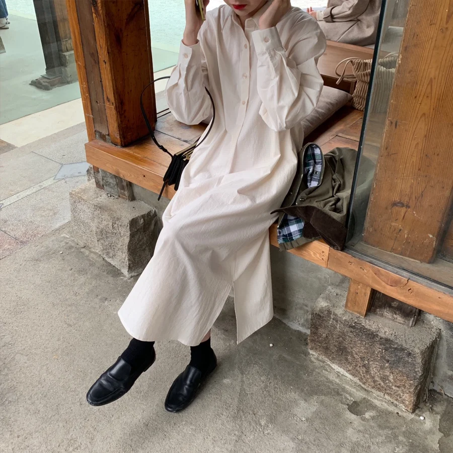 2019 Autumn Korean Cotton Casual Dress Loose Solid A-Line Turn-down Collar Dress Elegant Women Dress
2019 Autumn Korean Cotton Casual Dress Loose Solid A-Line Turn-down Collar Dress Elegant Women Dress