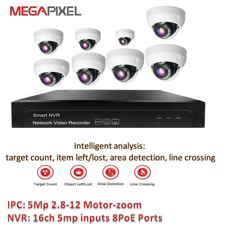 

Megapixel IP Camera CCTV security NVR Kits intelligent analysis video surveillance system 5mp 8ch PoE Motorized Zoon IR Dome