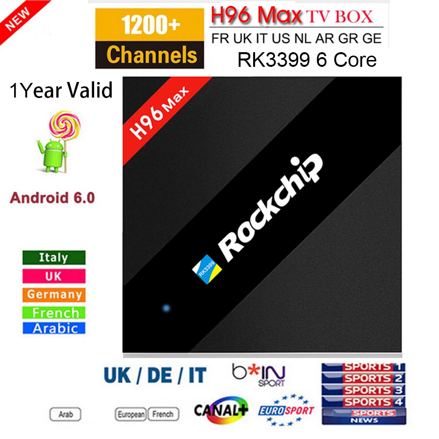 

New H96 Max 4G/32G TV BOX RK3399 Android 6.0 Smart tv box+1 Year Arabic French UK Italy iptv europe server 1000+ Channels Canal+