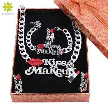 Silver Color Lip Lipstick Crystal Pendant Choker Necklace & Earrings & Bracelet & Ring Jewelry Sets For Women With Gift Boxes
Silver Color Lip Lipstick Crystal Pendant Choker Necklace & Earrings & Bracelet & Ring Jewelry Sets For Women With Gift Boxes